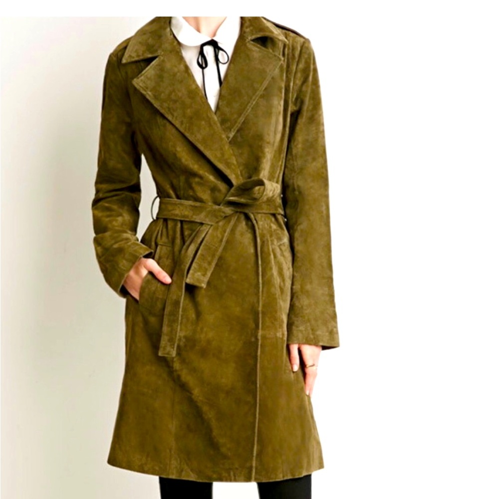 Green Olive Suede Trench Coat XS